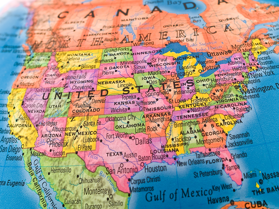 Colorful map of the United States of America with states and cities labeled