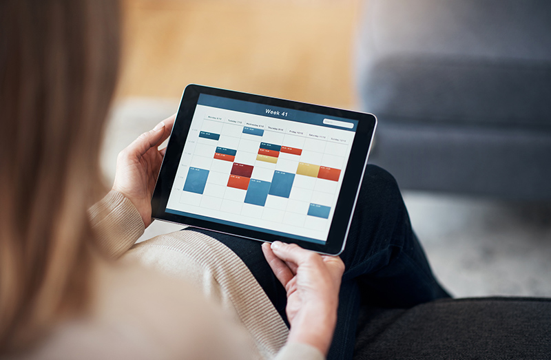 Back shot of woman sitting in chair reading tablet with planner calendar displayed