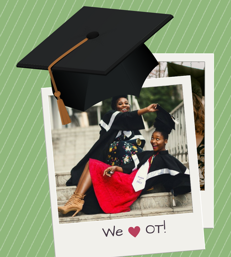 A photo of two graduates smiling and goofing around.